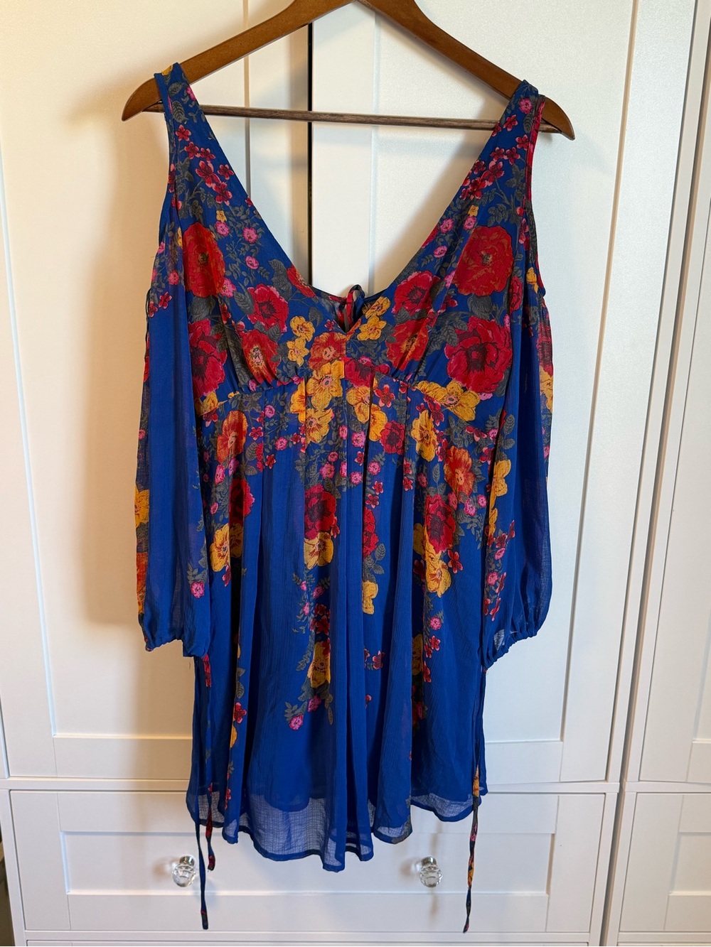 Free People Royal Blue Floral Cold-Shoulder Tunic